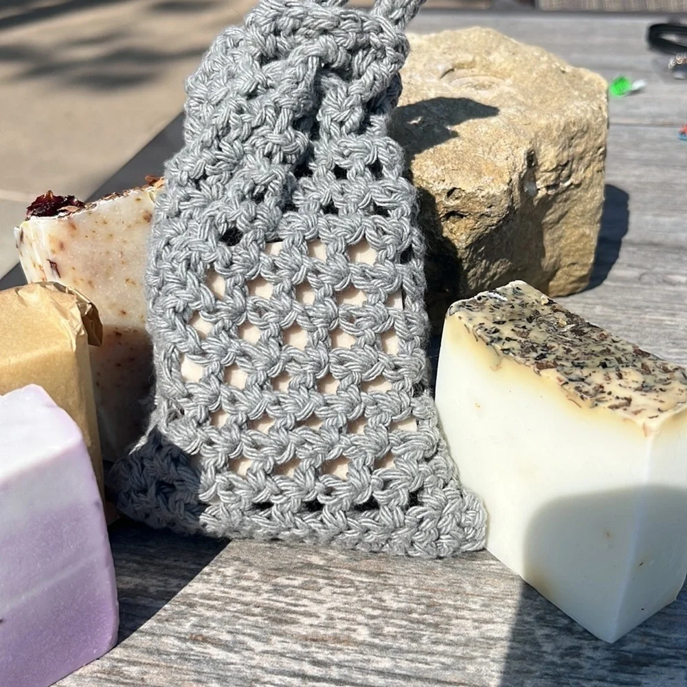 Handmade Crochet Soap Bag Cotton Heather Gray Cinch